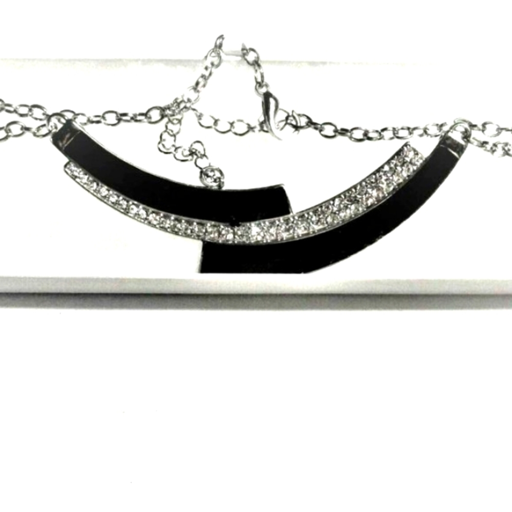Black Enamel White Crystal Pendant Necklace